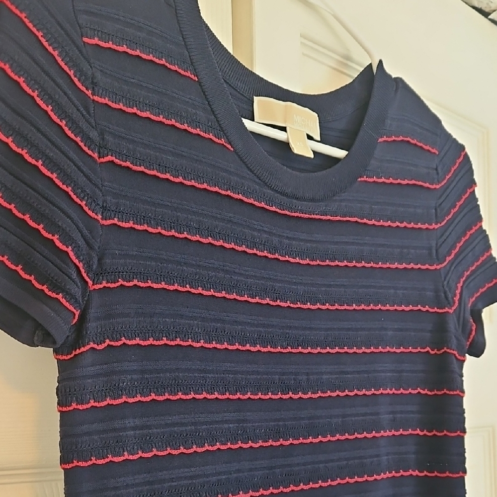 Michael Kors Navy and Red Striped Short Sleeve Dress